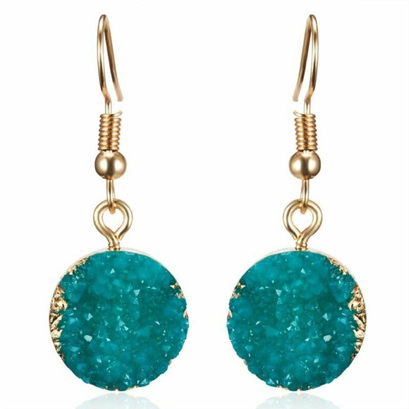 TEAL GREEN DRUZY QUARTZ DANGLE ROUND DROP HOOK EARRINGS GOLD LEAF EDGING NEW - Picture 2 of 3